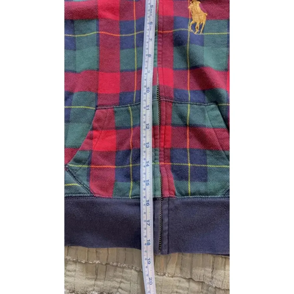 RALPH LAUREN Boys M (8/10) Tartan Full‎ Zip Hoodie Gold Logo Preppy Quiet Luxury